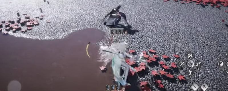 《燕云十六声》双枪流玩家在论剑场中施展r蓄小戳技能，枪影如雨点般密集刺出，对手被逼至墙角无法还手