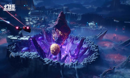 诺亚星全景景象，荒芜地表覆盖着奇异晶体结构，远处悬浮着破损的空间站残骸，天空中扭曲的时空裂隙闪烁着幽蓝光芒