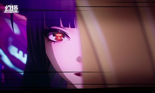 主角与神秘角色对峙于星空废墟之中，背景是崩塌的建筑和漂浮的数据流光带，气氛紧张而充满未来感