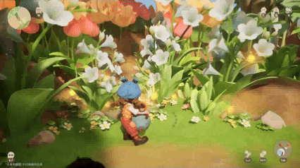 游戏角色手持透明小瓶在花丛中采集香气，周围飘散着淡黄色的气味粒子特效