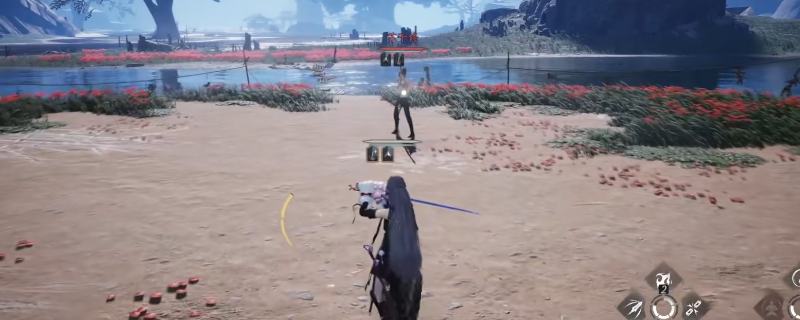 《燕云十六声》PVP战场中，持唐横刀角色完成格挡反击的瞬间，刀光划破空气，拳甲角色正处于攻击后摇状态