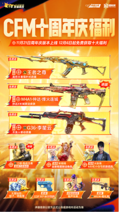 CF手游十周年主视觉图，刀锋-枪战王者持枪站立于城市废墟之上，背景火焰升腾，彰显热血战斗氛围