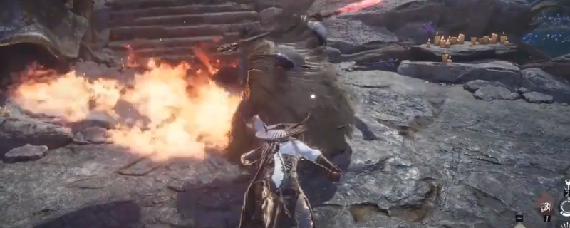 《燕云十六声》中角色释放‘神龙吐火’奇术，火焰如龙卷般扑向敌人，地面燃烧起大片火域特效