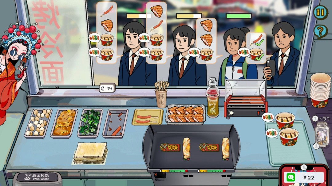 升级后的豪华摊位场景，新增保温柜、饮料机和LED招牌，灯火通明，生意火爆