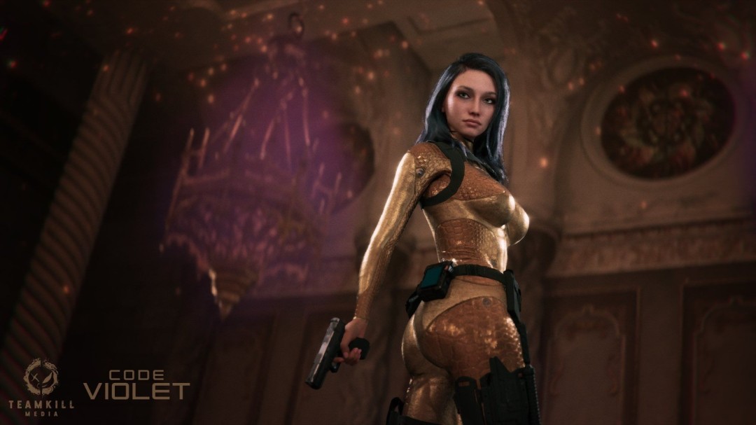 《Code Violet》宣传画面中女主角身穿紧身战斗服，背景为霓虹闪烁的都市夜景