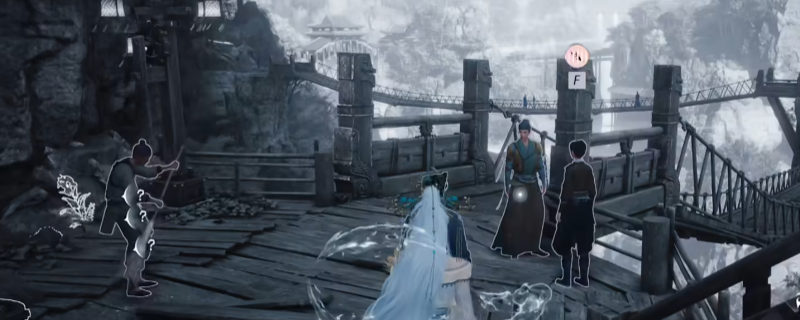 游戏中‘会飞的玉鸣蝉’在不见山树林间飞行的场景，周围绿意盎然，光影交错，充满神秘氛围