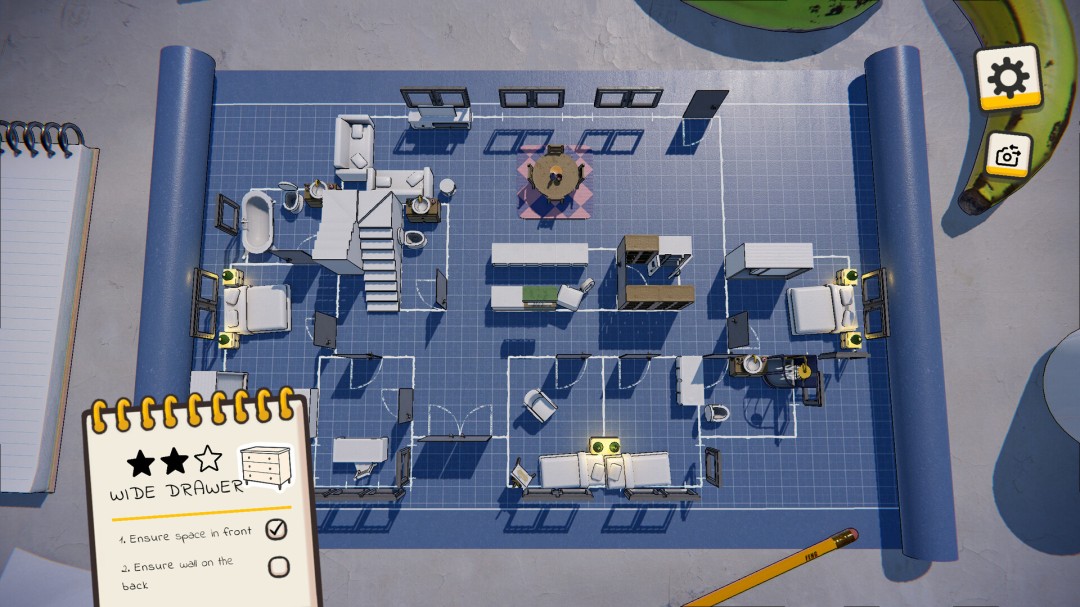 游戏中期关卡画面，显示一个两居室的平面图，多个家具已放置到位，界面上有风水能量流动的视觉提示