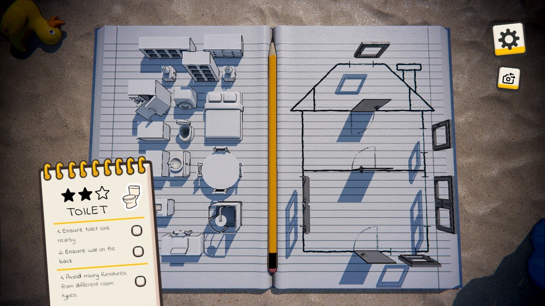 沙盒模式编辑界面，左侧为家具选择栏，右侧为可缩放的房间平面图，用户正在拖拽一张双人床进入卧室区域