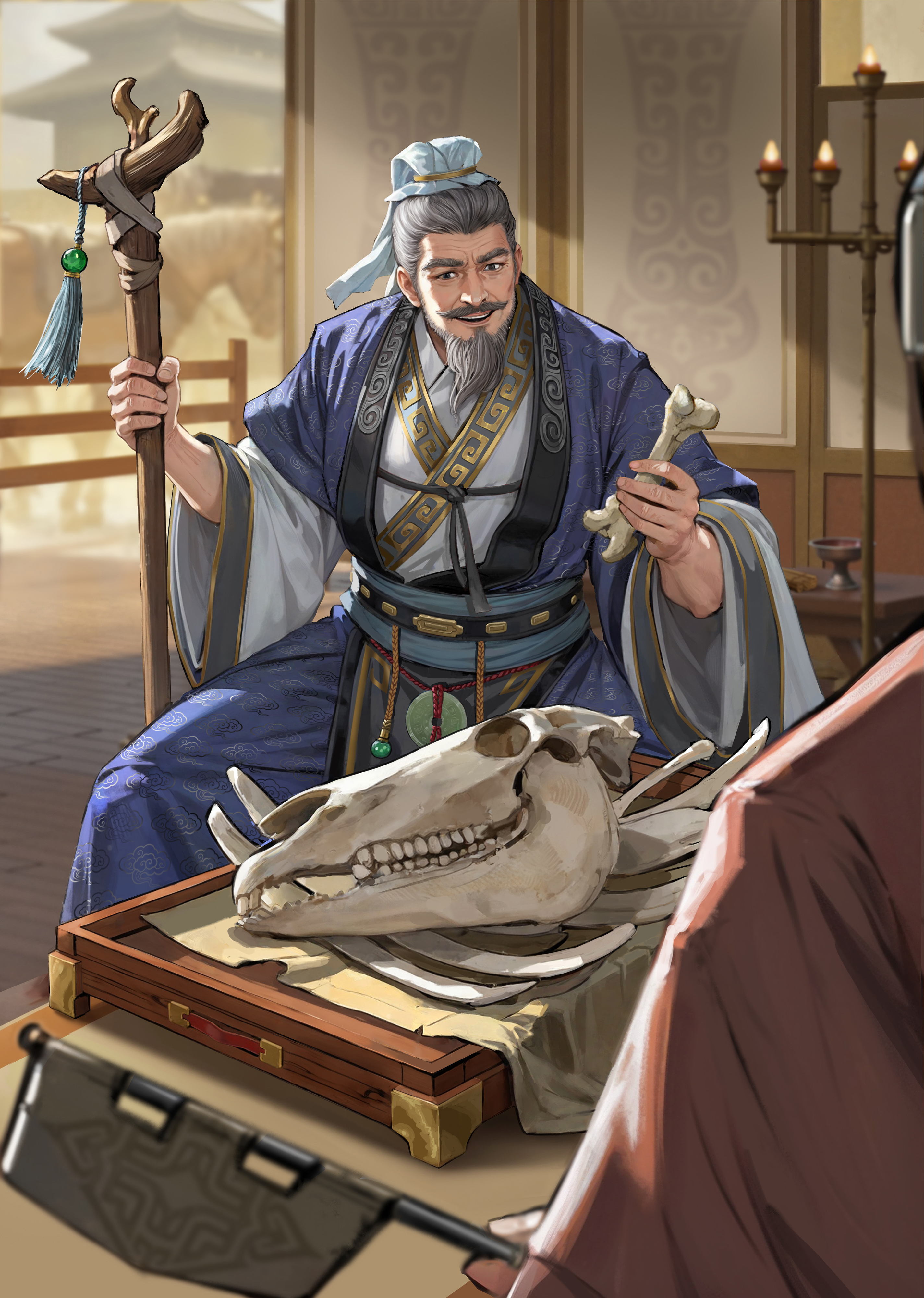 郭隗武将立绘展示，身着战国风格华服，神情沉稳，背景为古代宫殿轮廓，凸显其谋士气质