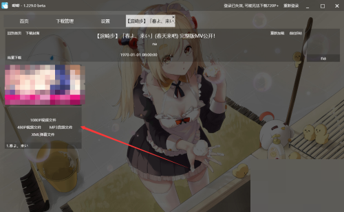 下载列表界面显示多个视频选项，包含不同清晰度供用户选择，界面清晰直观