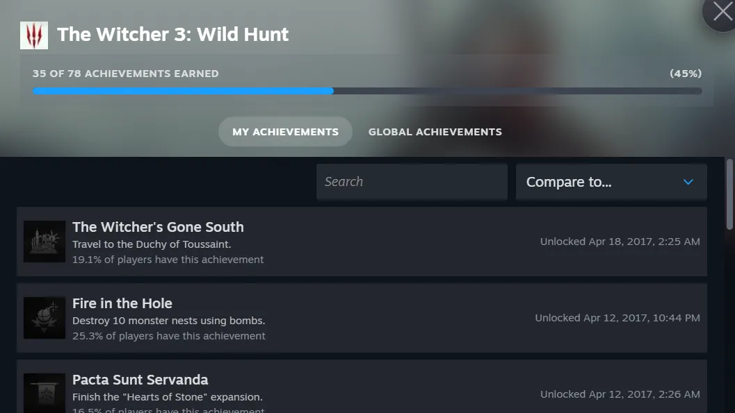 Steam成就页面概念设计，显示‘本体成就’与‘DLC扩展包’两个独立分类标签