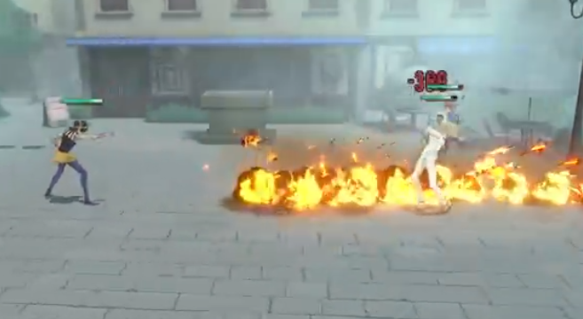 一名角色释放火焰状替身技能，周围空气因高温扭曲，背景呈现灼热沙漠地貌