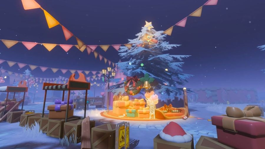 惊魂寻宝队节日场景截图，古堡内部挂满彩球与灯串，抱抱熊NPC站在角落向玩家挥手