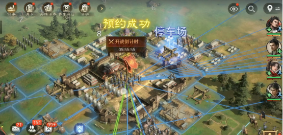 《三国：谋定天下》游戏界面展示自动铺路与行军路线规划，地图清晰简洁，操作便捷直观