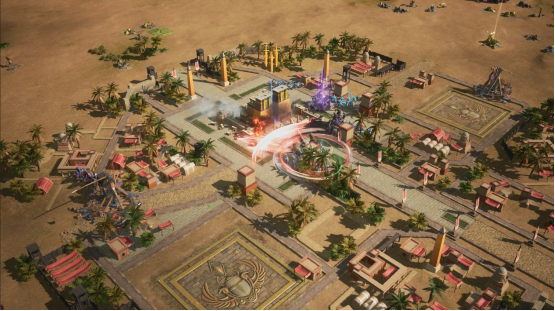 《重返帝国》主城建设画面，玩家正在指挥士兵建造兵营，资源栏显示木材与粮食储备