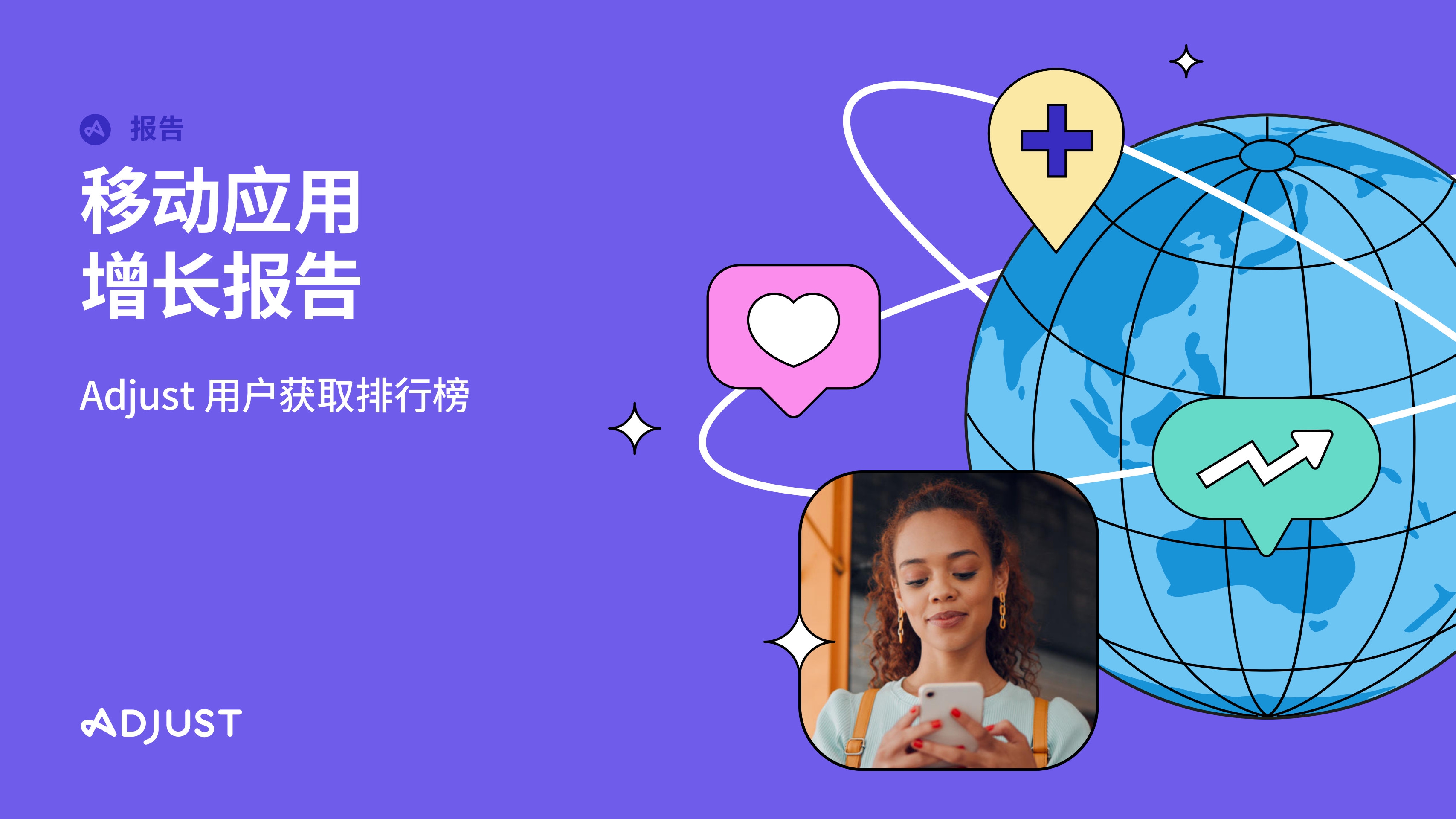 Adjust《移动应用增长报告》封面图，展示全球移动增长趋势可视化图表