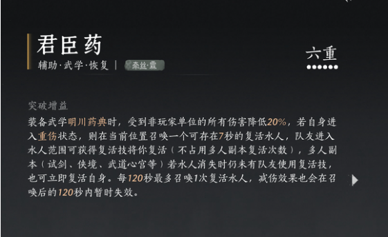 《燕云十六声》君臣药六重特效界面展示，显示‘每120秒复活一次’‘+20%减伤’‘精元恢复’等属性加成说明