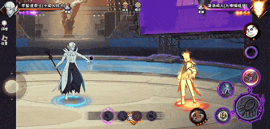 十尾带土连招实战演示GIF：一技能光束命中后快速衔接二技能针形求道玉发射，普攻2A击飞瞬间球形盾展开，5A爆炸冲击波掀飞敌人，最后组合技黑球包裹瞬身终结