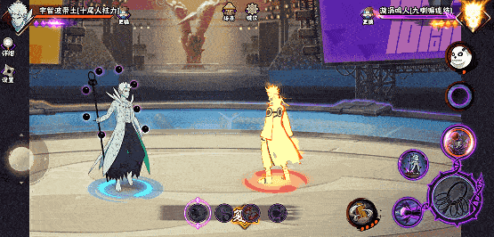 防御反击连招GIF：二技能敲地格挡火花四溅，敌人替身失败瞬间十尾带土已闪至身后，强化3A巨手抓取配合地面震波全程压制