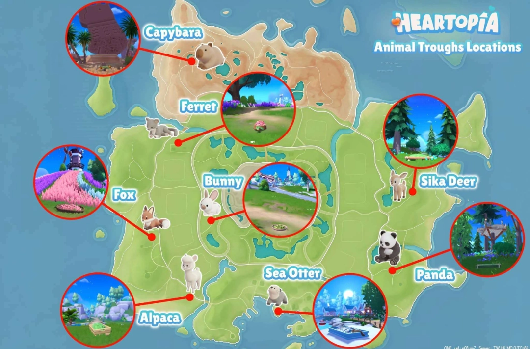 《心动小镇》第一视角特写图：晨光中木质食槽置于青草地旁，前方可见狐狸尾巴尖端微微晃动