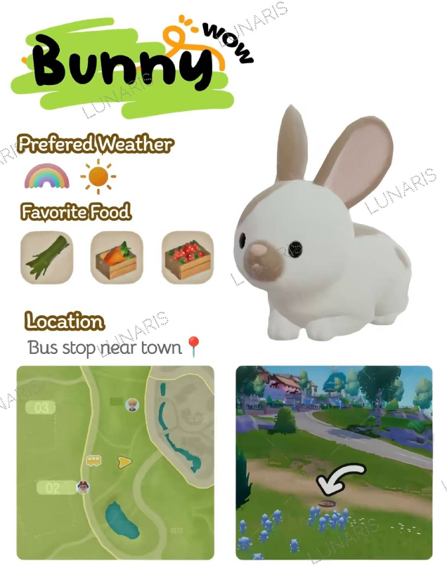 《心动小镇》广角全景图：右侧区域双食槽并置，左侧为熊猫竹筒食槽，右侧为梅花鹿木盆食槽，中间小径铺满花瓣