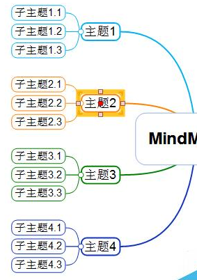 MindMapper界面特写：用户正按住Alt键拖拽一个含三个子节点的蓝色分支主题，主题周围泛起浅蓝光晕与四个定位小方块，鼠标指针变为双向箭头图标