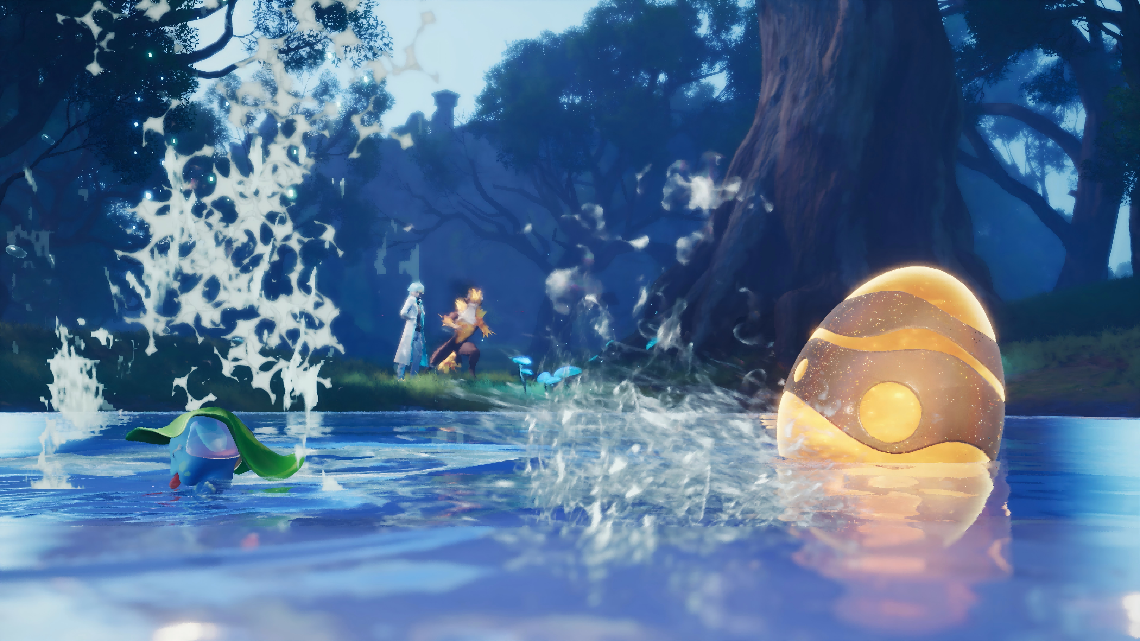 房车营地实景截图：多辆风格迥异的定制房车停驻于晨曦草原，车顶飘着互动气泡；镜头推进至某辆房车内部，可见旋转木马造型的‘蹬车发电装置’，两名玩家正踩动踏板，带动齿轮转动，上方悬挂的伊莫玩偶随节奏摇摆并滴落资源光点