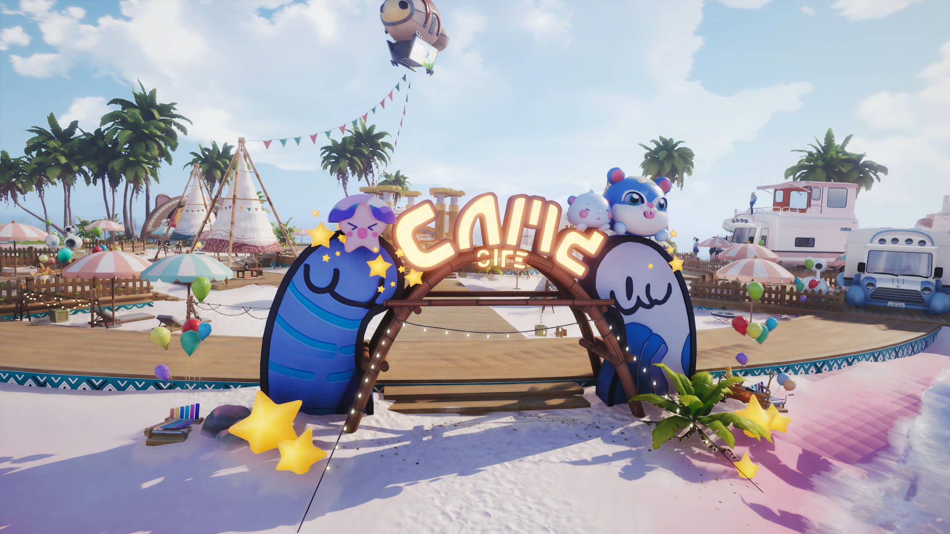 星之都城市新貌对比图：左侧为旧版建筑群，右侧为迭代后场景，新增发光藤蔓缠绕的伊莫主题钟楼、可点击互动的浮空蛋壳喷泉、以及NPC手持AR设备扫描空中投影伊莫的趣味彩蛋