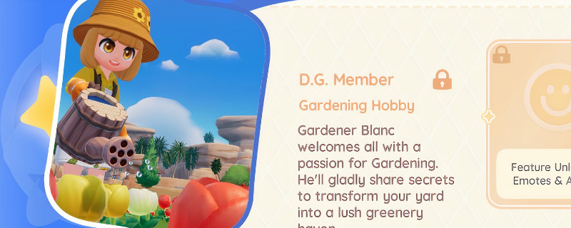 《心动小镇》游戏内UI界面截图：左侧为7个彩色图标并列展示的爱好列表（钓鱼、园艺、烹饪、捕虫、观鸟、养猫、养狗），右侧显示角色站在阳光草坪上手持钓竿微笑，背景是温馨木质小屋与飘动的风铃