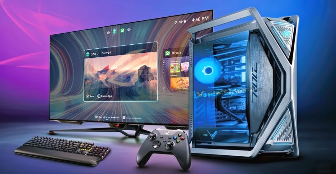 概念渲染图：一台融合Xbox品牌元素与现代PC设计语言的黑色主机，正面印有发光Xbox徽标，连接4K电视显示全屏游戏界面，背景虚化呈现Windows 11 FSE系统UI