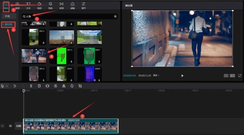 剪映软件界面截图：左侧为素材库搜索栏，正中显示多个人物实拍短视频缩略图，右侧时间轴上已加载一段人物行走视频