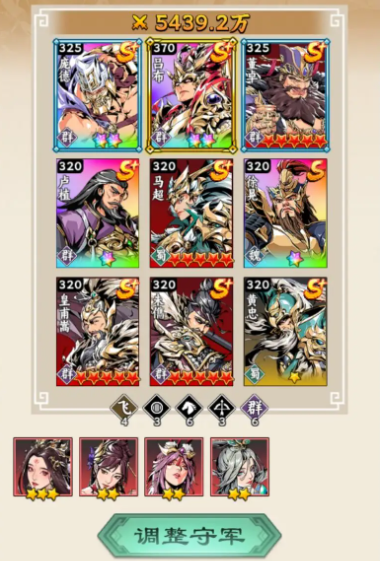 武将立绘合集图：许褚肌肉虬结怒目圆睁，赵云银枪白马英气逼人，华佗手持药葫芦面带慈祥，五人站位呈攻守分明的三角阵型