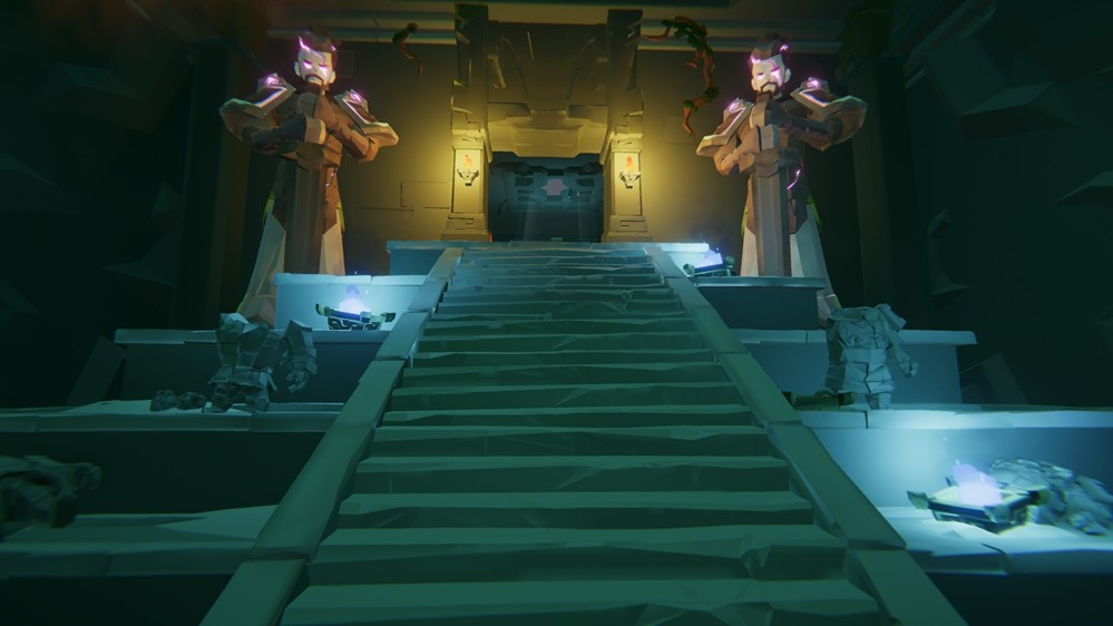 幽寂古陵场景俯视图：蜿蜒向下的螺旋墓道贯穿三层结构，底层积水倒映上方断裂石柱，两侧岩壁镶嵌着散发微光的古老符文灯盏