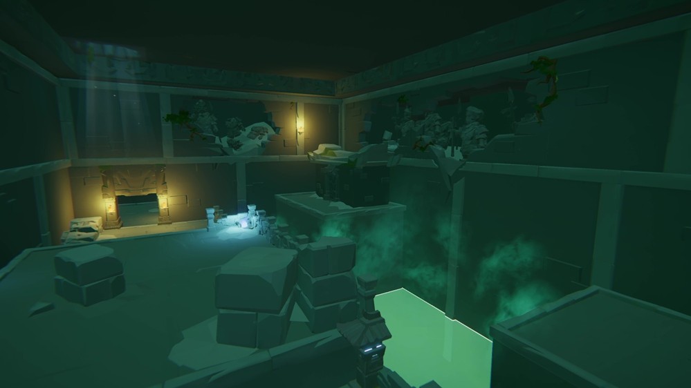 动态战斗截图：角色在倾斜墓道上翻滚闪避，身后爆炸掀起碎石，头顶崩塌的巨石露出后方隐藏的符石宝箱