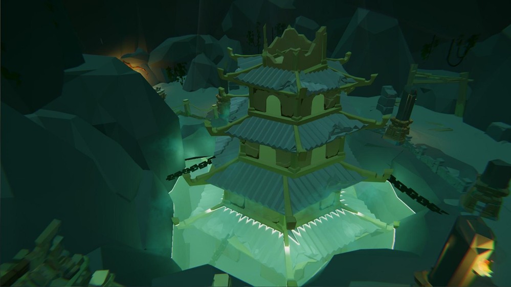 古陵内部特写：巨大青铜门扉半开，门缝透出幽绿光芒，地面散落着刻有龙纹的破碎甲胄与锈蚀长戟