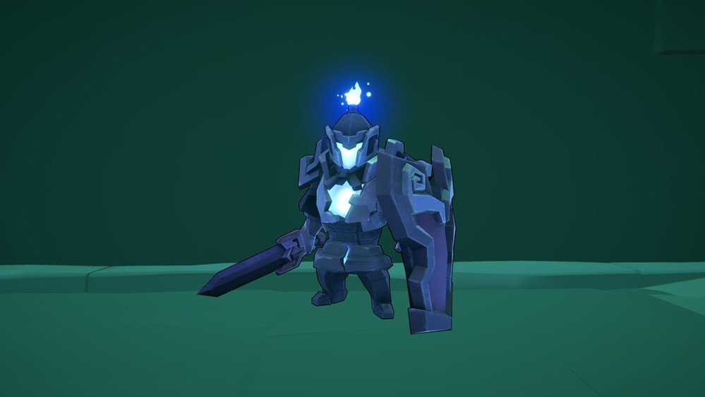 镇陵玄甲士Boss战场景：巨型玄甲士单膝跪地锤击地面，冲击波震裂四周石板，角色正跃起规避并瞄准其暴露的肩甲接缝处