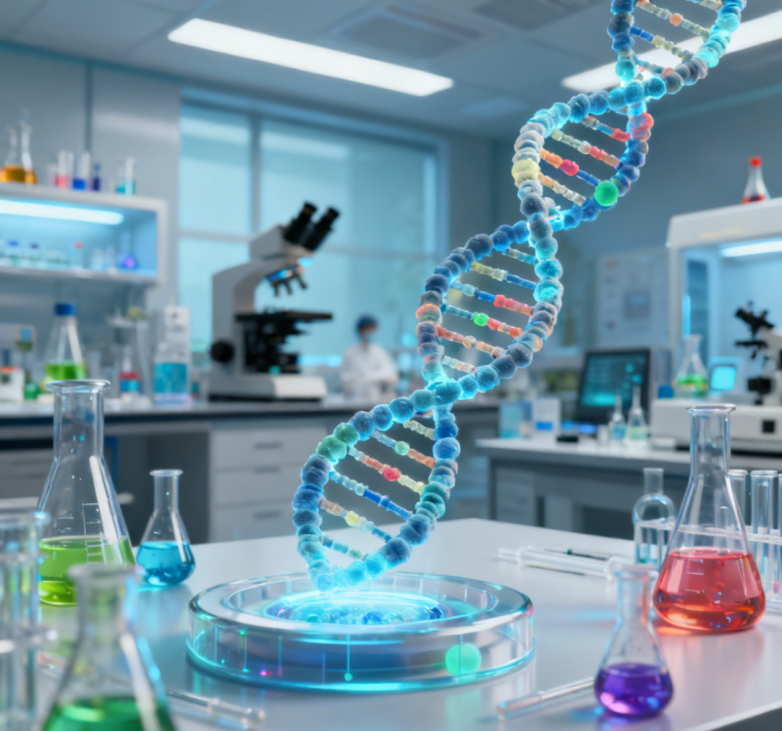 技术架构示意图：三层立体结构，底层为AMD g3a实例组成的百万核算力池，中层为智能调度引擎与Pairformer扩散模型，顶层呈现蛋白质/DNA/RNA三维结构预测结果及分子互作热力图