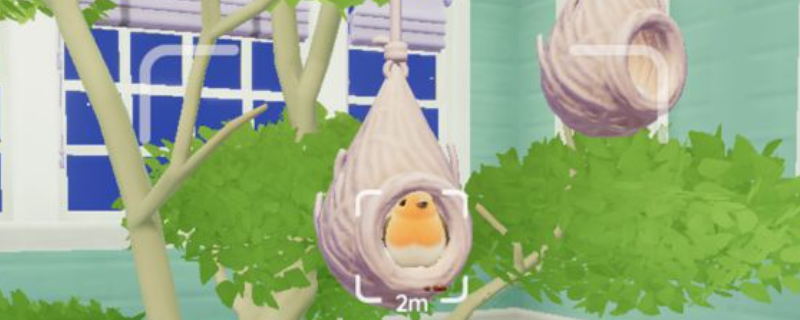 《心动小镇》观鸟场景实机画面：主角手持复古相机站在樱花树下，三只不同品种的鸟正停驻枝头，画面柔光朦胧，充满春日治愈感