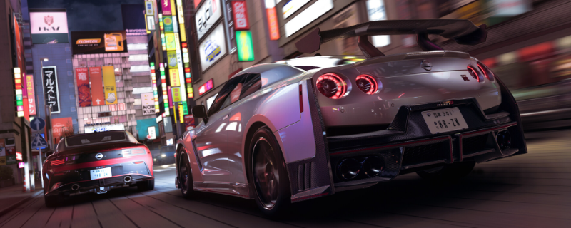 《极限竞速：地平线6》官方主视觉图：一辆流线型红色超跑疾驰于京都岚山枫叶隧道中，车尾卷起光影粒子，远处富士山若隐若现，画面充满速度感与东方美学意境