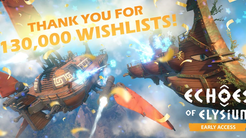 《回音：飞艇传说》主视觉图：一艘流线型蒸汽朋克风格飞艇悬浮于湛蓝云海之上，远处可见浮空岛屿群与若隐若现的巨型星座人像剪影，整体色调明亮柔和，充满史诗感与宁静氛围