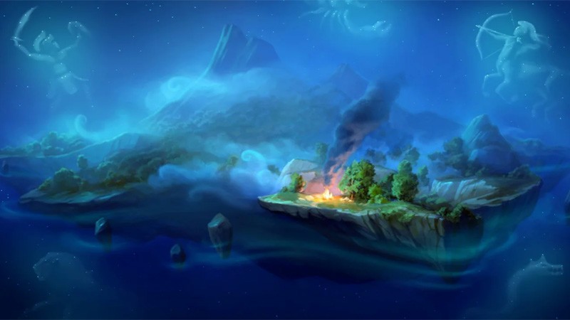 游戏远景探索画面：飞艇缓缓掠过一座覆盖翡翠植被的浮空岛屿，岛屿边缘垂落发光水瀑，远方三座巍峨的星座神像轮廓在金色夕照中浮现，天空呈现渐变粉紫与淡金交织的梦幻色调