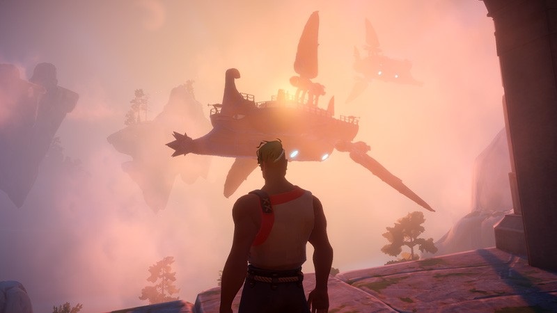 游戏UI与多人协作场景：两名玩家角色分别站在飞艇甲板两侧，一人操作蒸汽加农炮瞄准远处风暴云团，另一人正向共享工作台投放云晶矿石，界面右上角显示实时同步的资源储量与飞艇耐久度