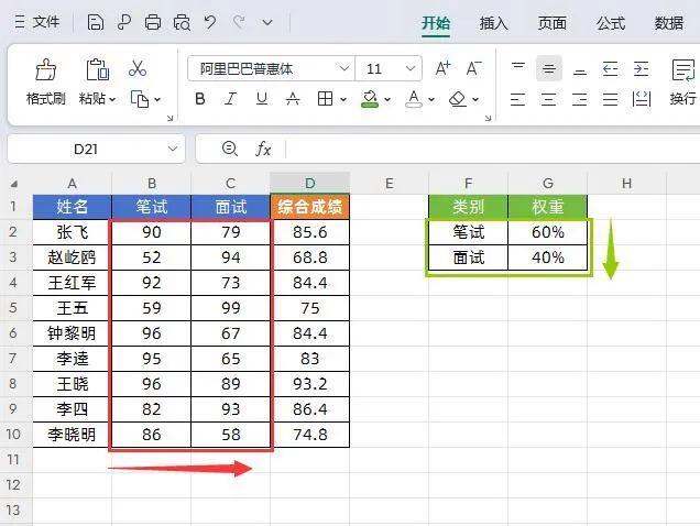 Excel表格界面截图：左侧为学生成绩数据表（含平时分、期末分两列），右侧为对应权重系数列（平时权重30%、期末权重70%），目标单元格高亮显示计算结果