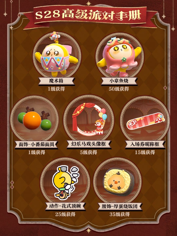 高级派对手册奖励展示图：左侧为‘魔术箱’盲盒3D旋转预览，右侧并列陈列‘小番茄面具’‘幻乐马戏头像框’等7款典藏道具，底部标注‘3288蛋币’发光数值