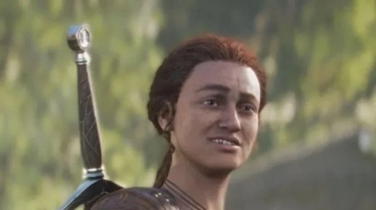 《神鬼寓言》重启版首支预告片截图：女主角立于古堡废墟前，光影风格写实细腻，面部轮廓柔和，发色为浅亚麻色，身着混搭式皮甲与布袍