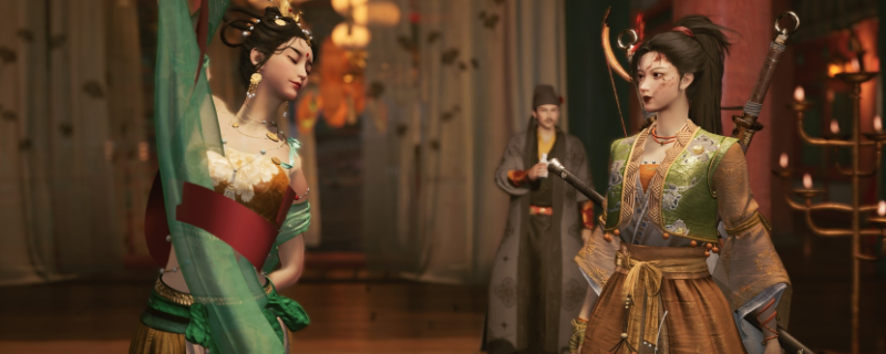 《燕云十六声》舞马人BOSS战斗场景：左侧为戴帷帽执鼓的P1打鼓人，右侧为腾空跃起、双蹄前踹的舞马人本体，背景为古风廊柱与飞檐斗拱