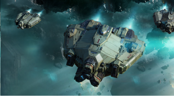 《无尽的拉格朗日》游戏内新舰‘索姆河之影-装甲飞行坦克’实机画面：流线型装甲舰体悬浮于破碎小行星带上方，主炮呈双联装重型磁轨炮结构，舰身布满仿履带式复合装甲纹路与铆接细节，背景可见爆炸火光与敌方战列舰剪影