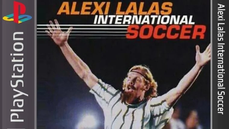 PS1游戏《Alexi Lalas International Soccer》界面截图，画面呈现复古像素风格的绿茵场与球员剪影，右下角可见‘SONY PLAYSTATION’标识