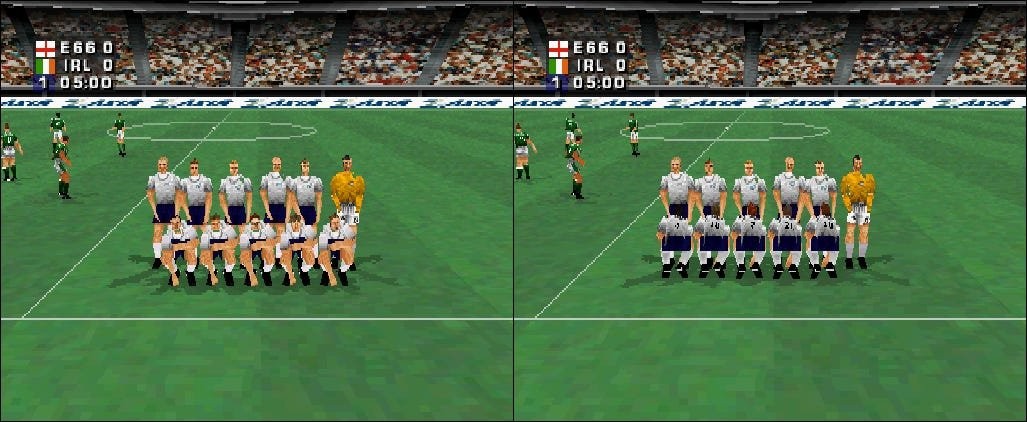 彩蛋触发瞬间对比图：左侧为正常出场动画（球员举旗迈步），右侧为异常帧序列（两名球员身体紧贴、姿态扭曲，背景灯光骤暗）