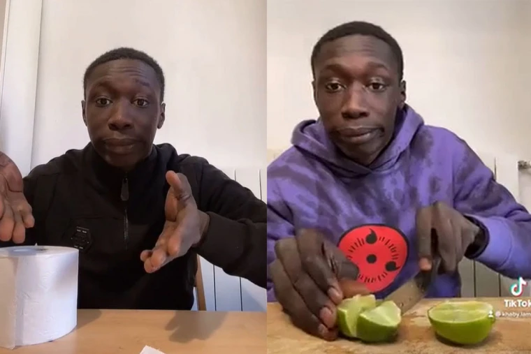 Khaby Lame标志性‘无语摊手’表情特写，背景为动态数据流与AI芯片光效交织的科技感视觉设计